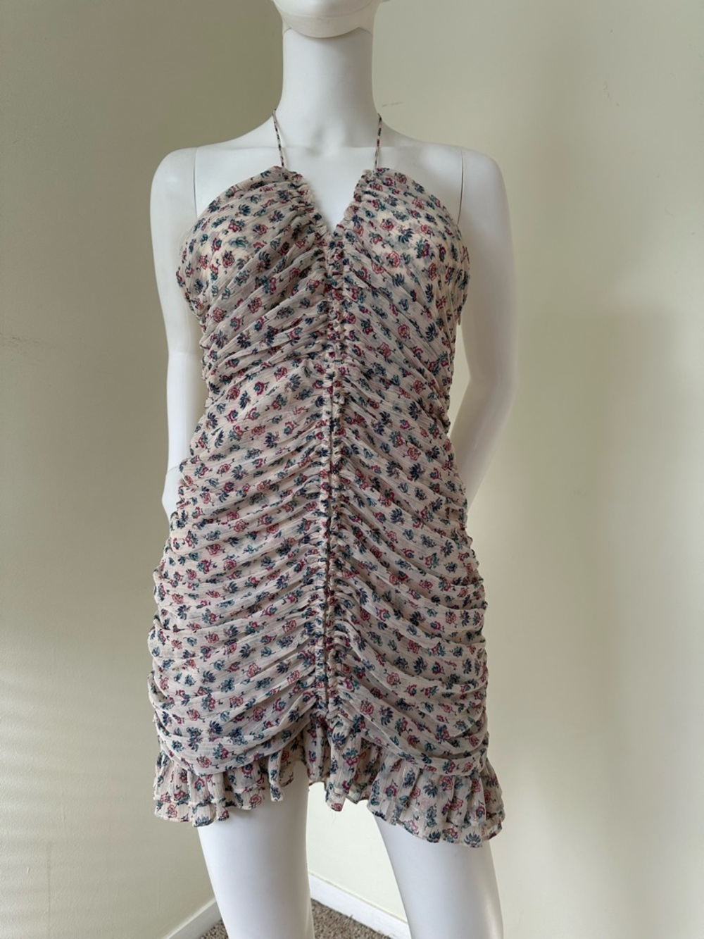 Zara Cream Floral Ruched Maxi Dress with Pink & Blue Accents